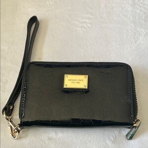 Michael Kors Glossy Black Wristlet with Gold Accents